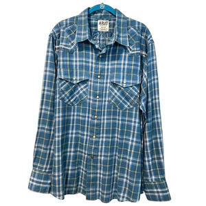 ARIAT Western Shirt Retro Fit Men's XL Blue Plaid Pearl Snap Thick Stitch Trim